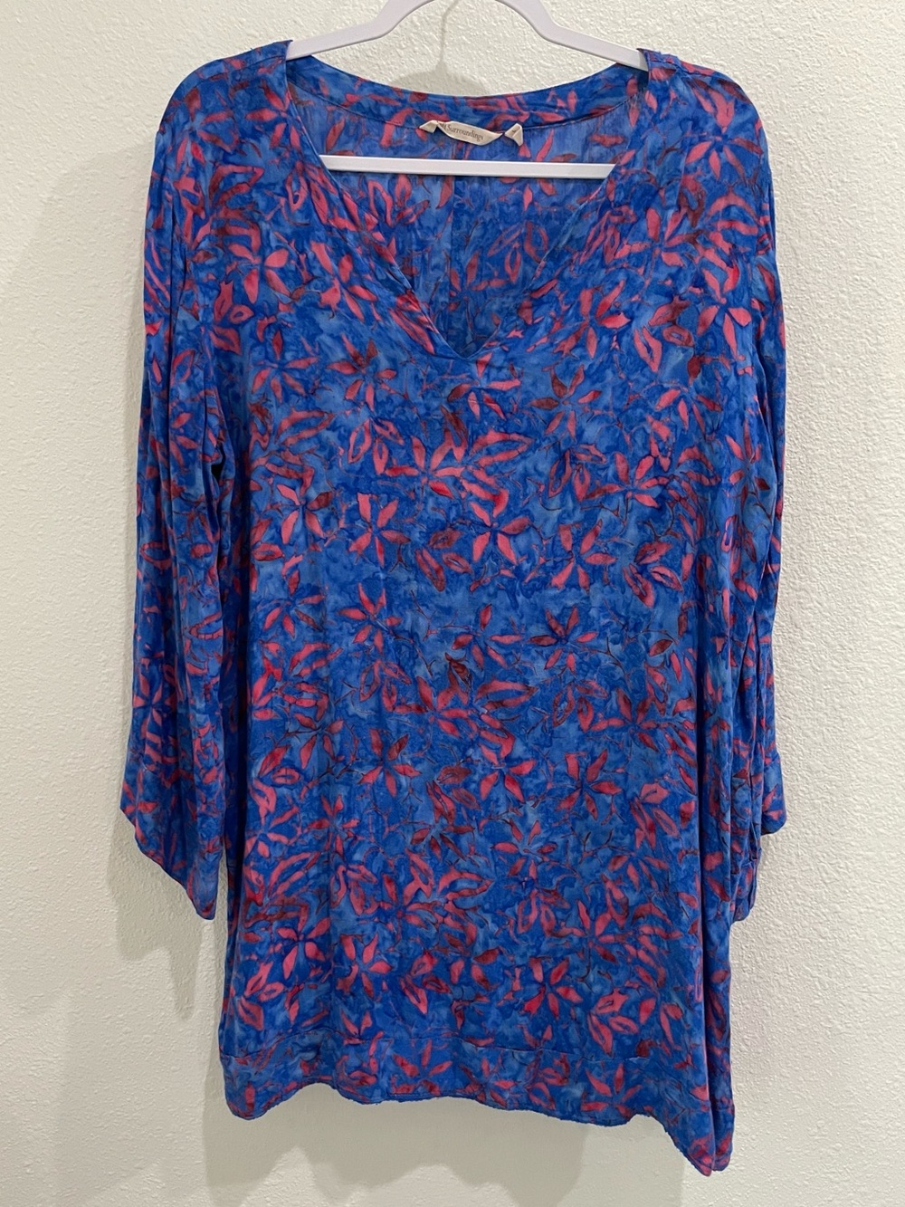 Soft Surroundings Blue Pink Floral V-Neck Tunic Boho Lagenlook Bell Sleeve
